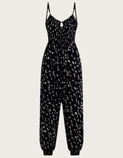 Batik Print Shirred Jumpsuit, Black (BLACK), large