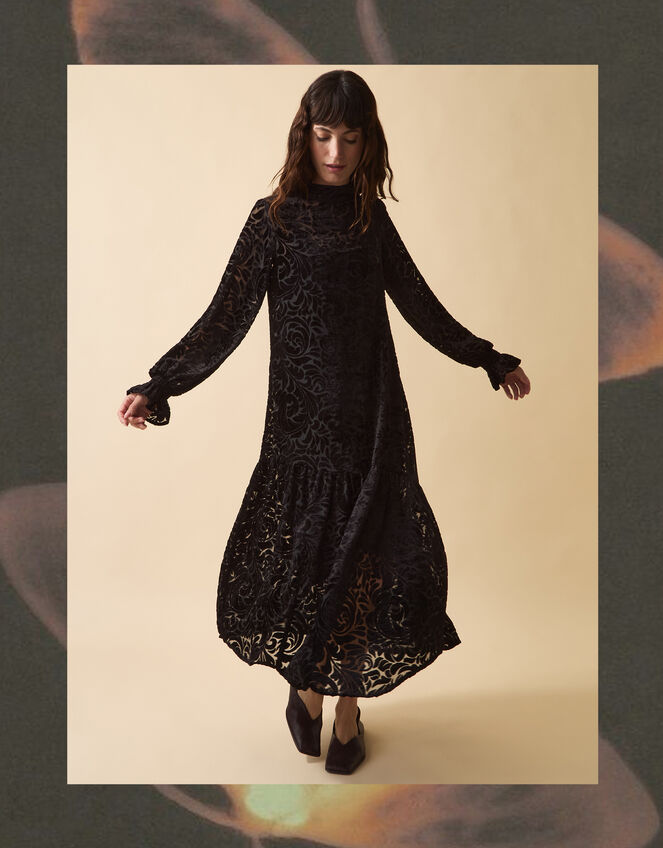 Clemence Gigi Velvet Burnout Maxi Dress, Black (BLACK), large