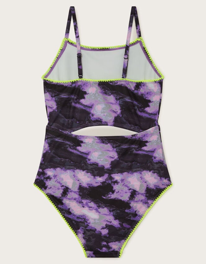 Marble Print Cut-Out Swimsuit, Purple (PURPLE), large