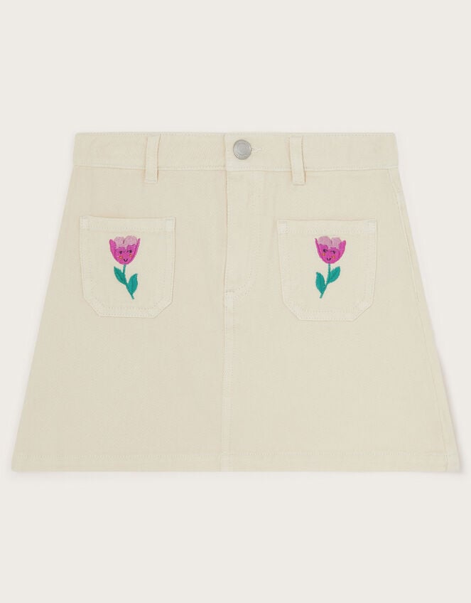 Tulip Embroidered Denim Skirt, Cream (CREAM), large