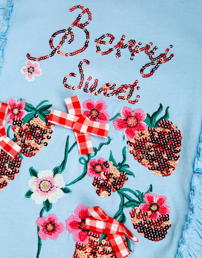 Embellished Strawberry Broderie Ruffle Top, Blue (BLUE), large