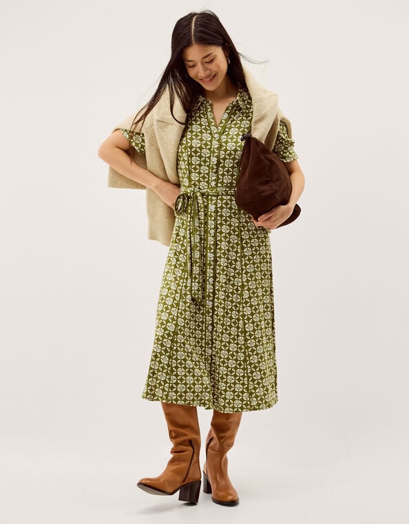 Kalani Geometric Jersey Midi Shirt Dress, Green (GREEN), large
