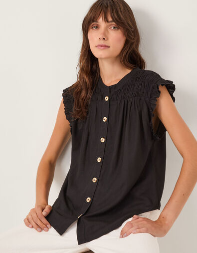 Evelyn Sleeveless Smocked Top, Black (BLACK), large