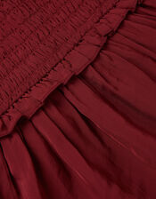Frilly Smocked Satin Dress, Red (BURGUNDY), large