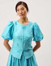 Odette Puff Sleeve Floral Appliqu&eacute; Jacket, Blue (PALE BLUE), large