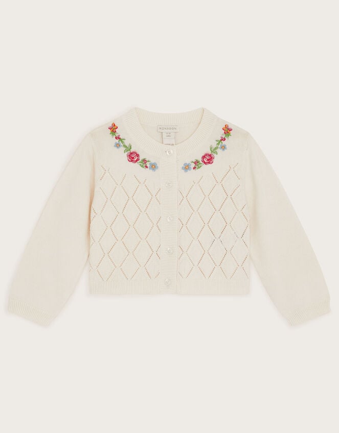 Baby Floral Pointelle Knit Cardigan, Ivory (IVORY), large