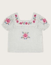 Floral Embroidered Check Blouse, Ivory (IVORY), large