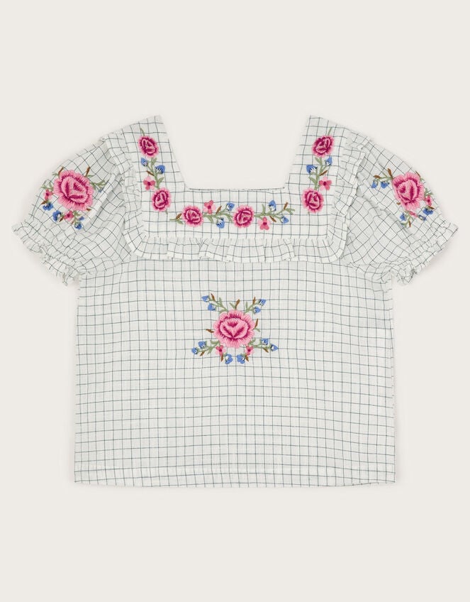 Floral Embroidered Check Blouse, Ivory (IVORY), large