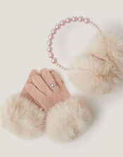 Pearly Faux Fur Earmuffs & Gloves Set, Pink (PINK), large