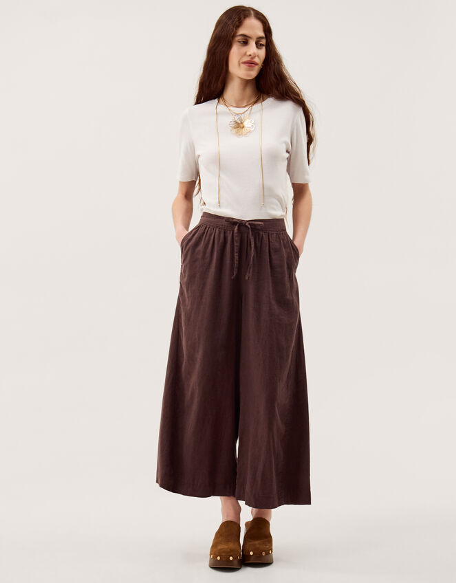 Maisie Linen Blend Crop Wide Leg Trousers, Brown (CHOCOLATE), large