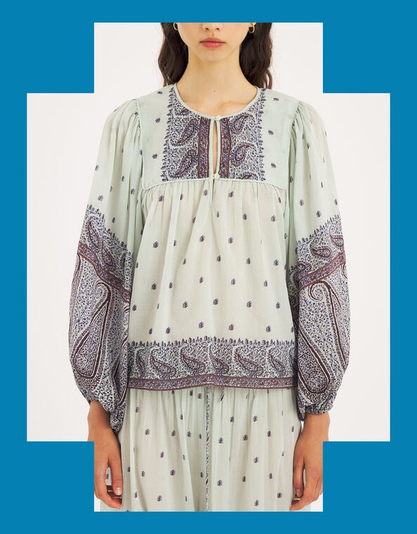 Antik Batik Johri Hand-Woven Paisley Blouse, Blue (AQUA), large