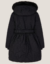 Faux Fur Hooded Bow Quilted Coat, Black (BLACK), large