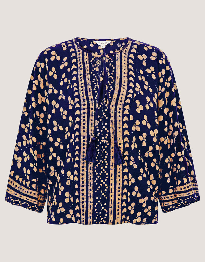 Clover Print Tassel Top, Blue (NAVY), large