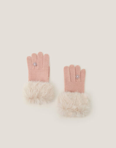 Pearl Faux Fur Knit Gloves, Pink (PINK), large