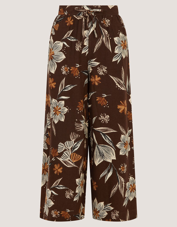 Esther Floral Linen Blend Wide Leg Trousers, Brown (CHOCOLATE), large