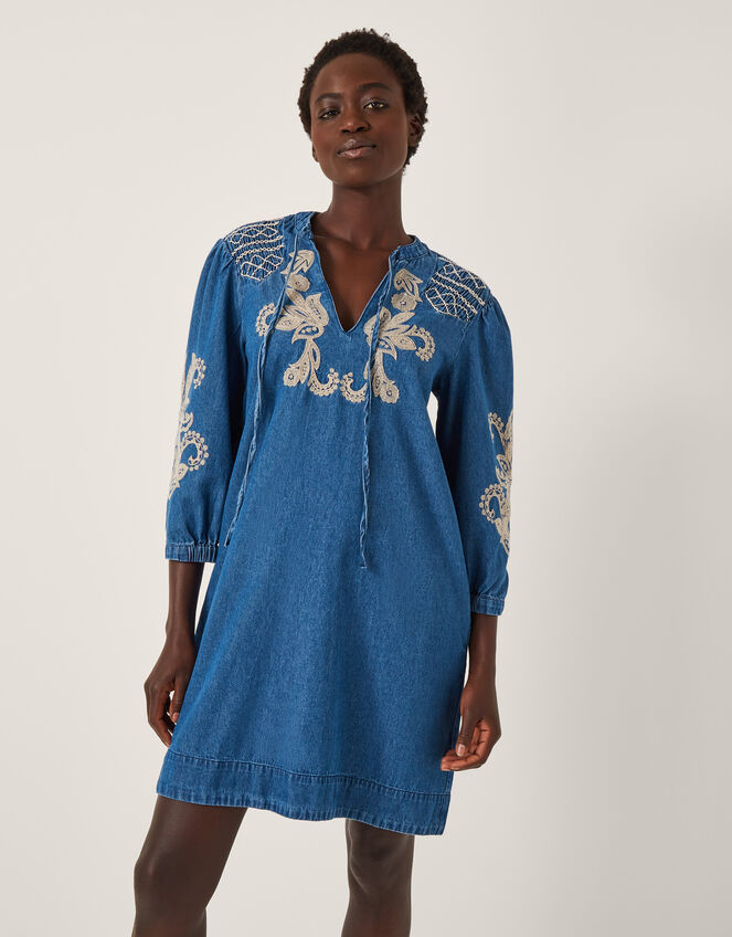 Holly Embroidered Denim Mini Dress, Blue (DENIM BLUE), large