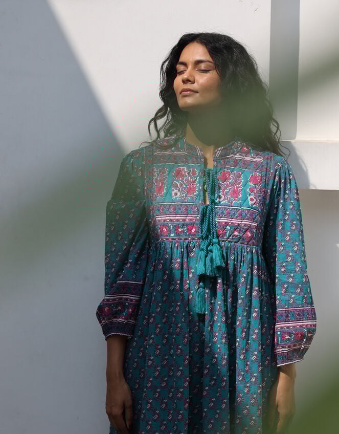 Dilli Grey Priya Block Print Midi Dress, Teal (TEAL), large