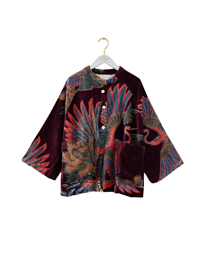 One Hundred Stars Crane Print Velvet Jacket, , large