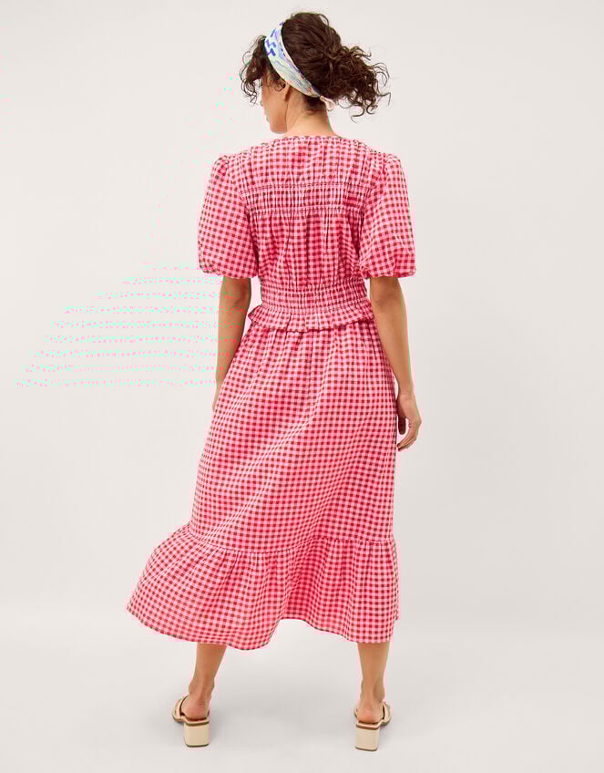 Mel Puff Sleeve Gingham Midi Dress, Red (RED), large