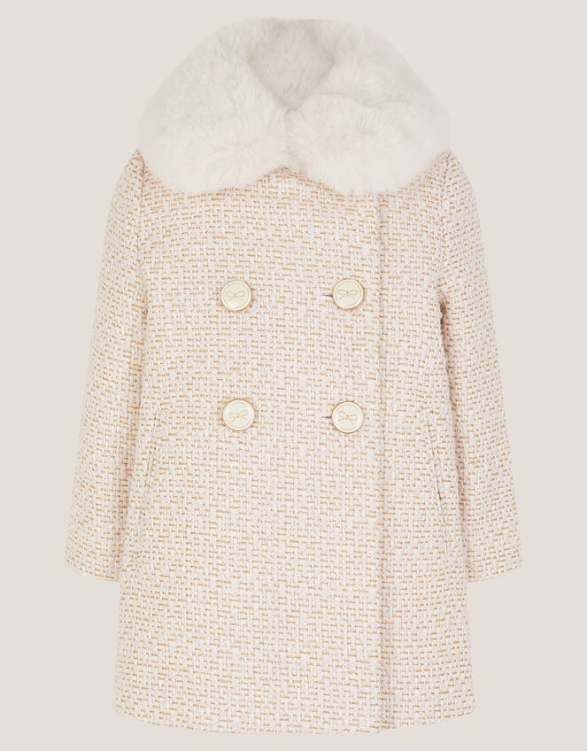 Baby Tweed Faux Fur Collar Coat, Cream (CREAM), large