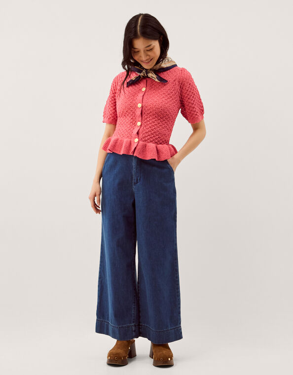 Shea Short Sleeve Ruffle Knit Cardigan, Pink (PINK), large