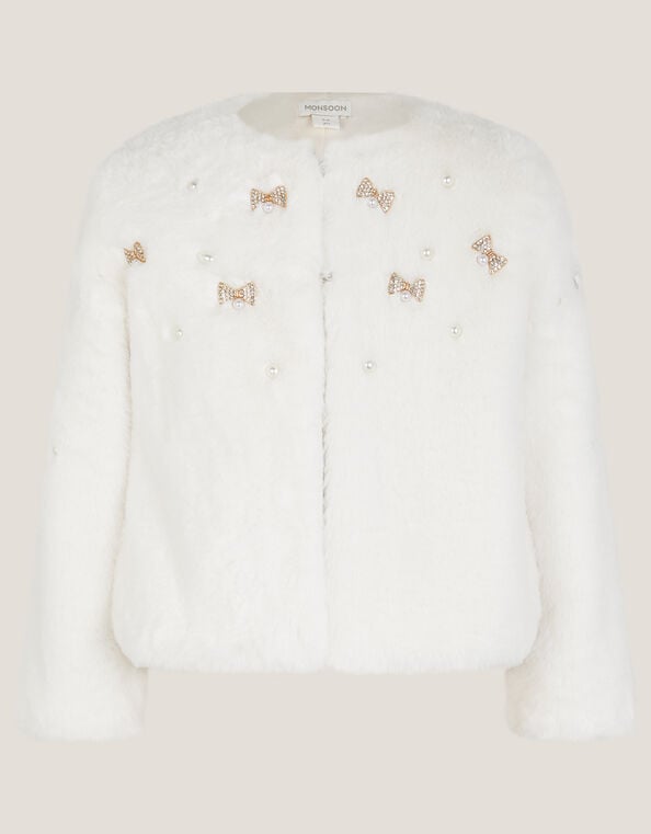 Embellished Faux Fur Coat, Ivory (IVORY), large