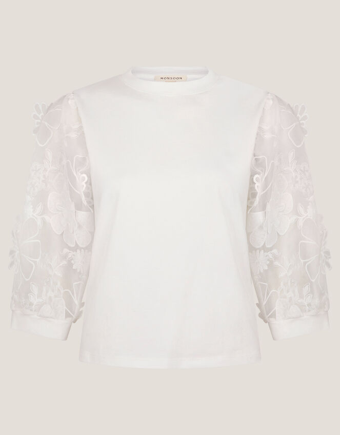 Fi Floral Sheer-Sleeve Top, Ivory (IVORY), large