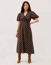 Paris Puff Sleeve Polka Dot Midi Dress, Brown (CHOCOLATE), large