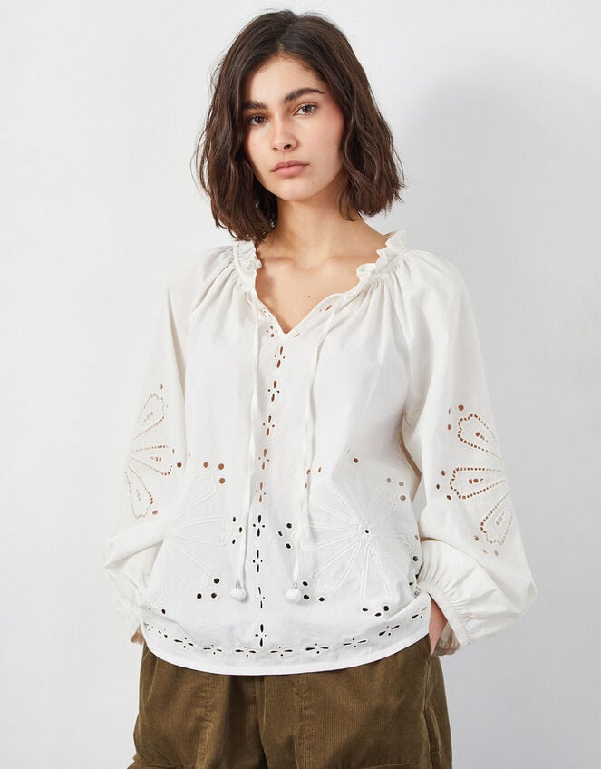 East Aliona Broderie Blouson Blouse, Ivory (IVORY), large