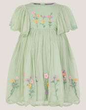 Baby Floral Embroidered Tulle Dress, Green (GREEN), large