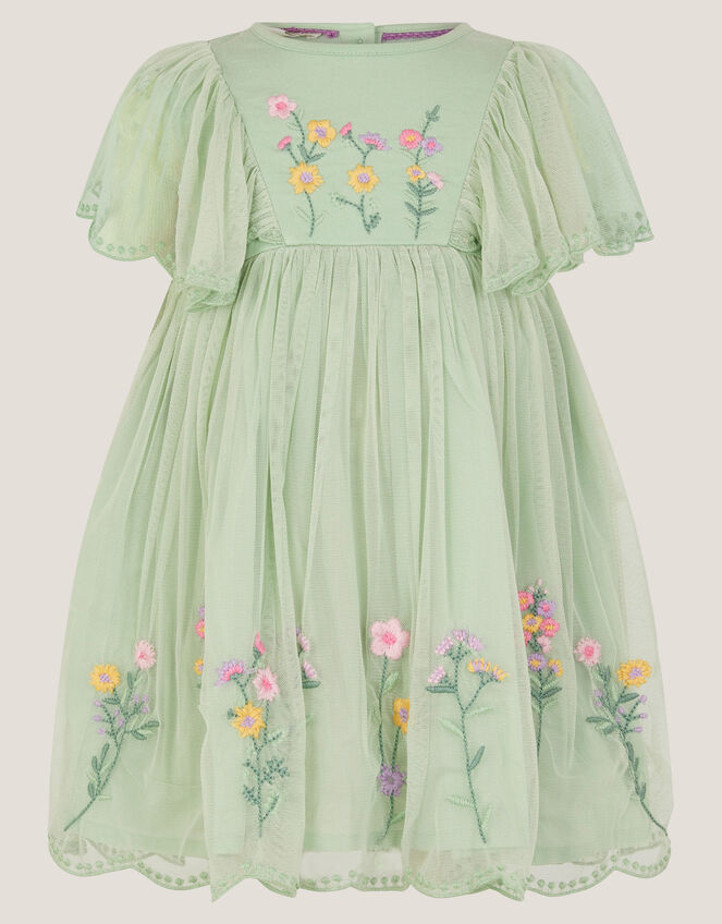 Baby Floral Embroidered Tulle Dress, Green (GREEN), large