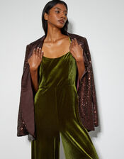 Monsoon x Sarah Corbett-Winder Satin Bow Velvet Jumpsuit, Green (GREEN), large