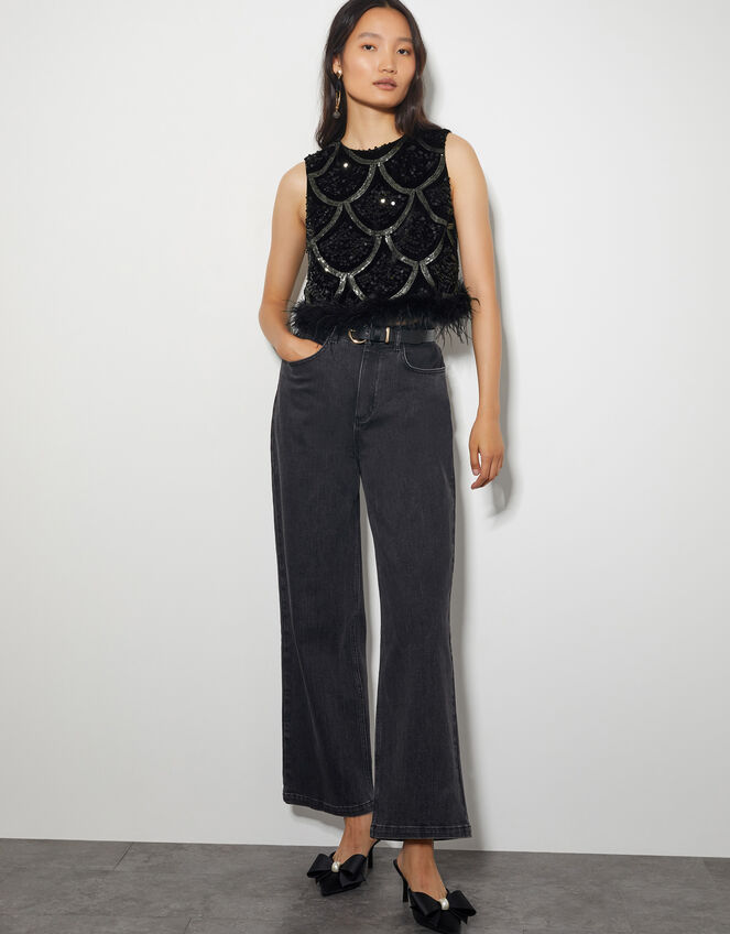 Sira Sleeveless Sequin Feather Top, Black (BLACK), large