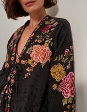 Maggie Tie-Front Embroidered Kimono, Black (BLACK), large