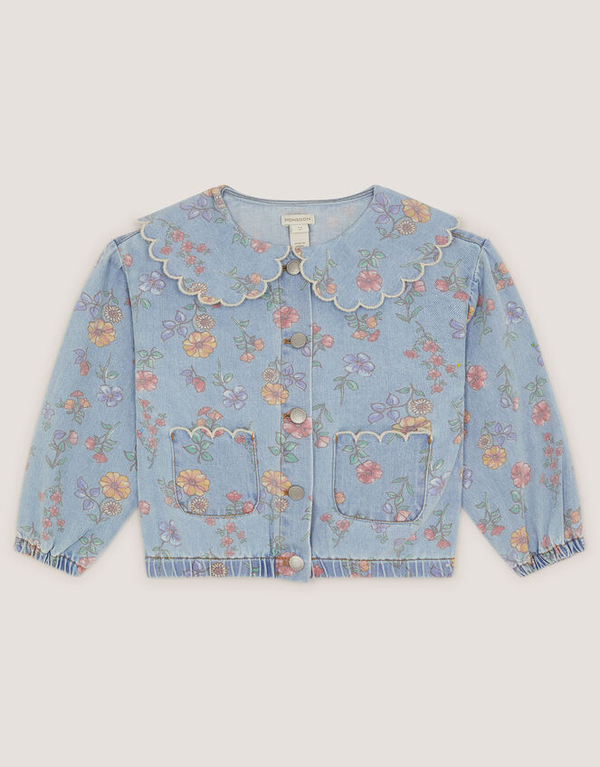 Floral Scallop Collar Denim Jacket, Blue (BLUE), large