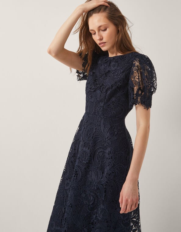 Betty Lace Puff Sleeve Midi Dress, Blue (NAVY), large