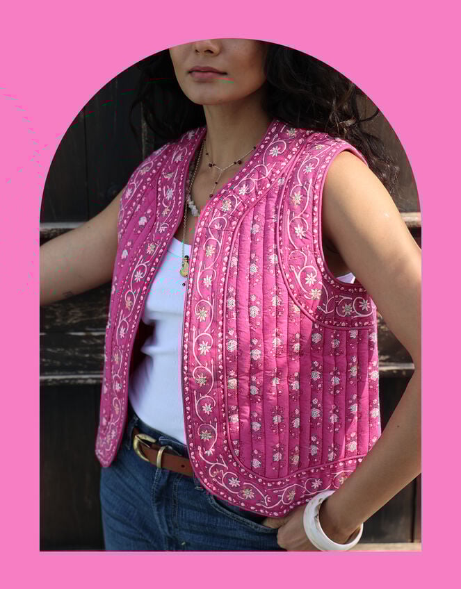 Dilli Grey Saffron Reversible Block Print Waistcoat, Pink (MAGENTA), large