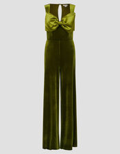 Monsoon x Sarah Corbett-Winder Satin Bow Velvet Jumpsuit, Green (GREEN), large