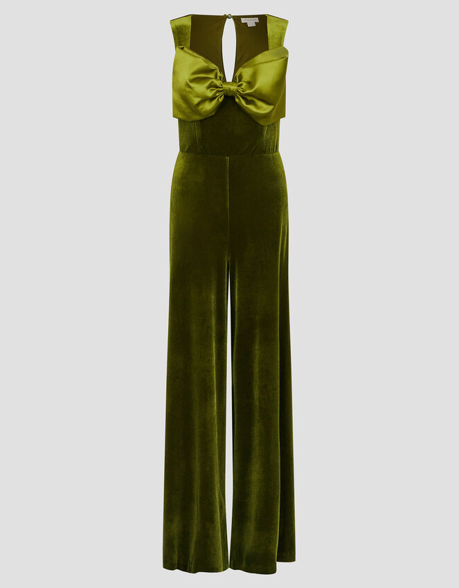 Monsoon x Sarah Corbett-Winder Satin Bow Velvet Jumpsuit, Green (GREEN), large