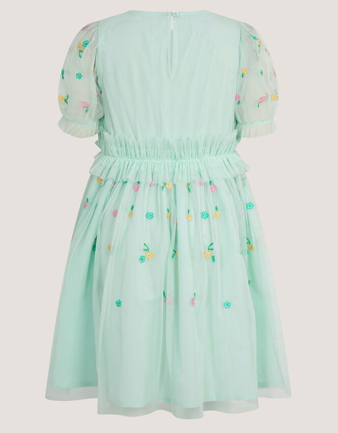 Puff Sleeve Floral Mesh Dress, Blue (BLUE), large