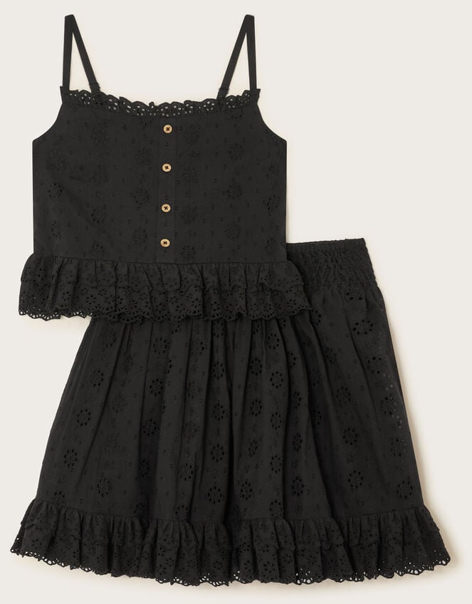 Floral Broderie Cami Top and Skirt Set, Black (BLACK), large