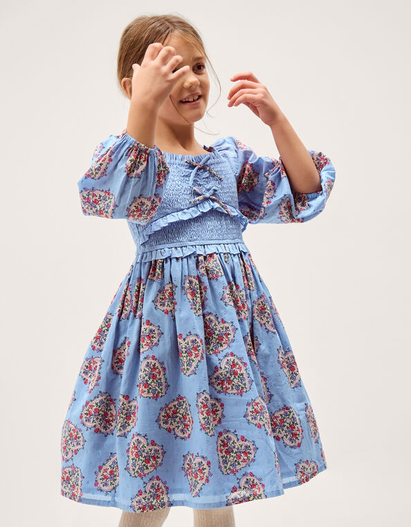Floral Heart Long Sleeve Smocked Dress, Blue (BLUE), large