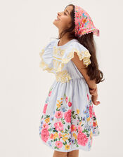 Floral Stripe Broderie Sleeve Dress, Blue (BLUE), large