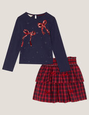 Bow Embellished Top & Tartan Skirt Set, Red (RED), large