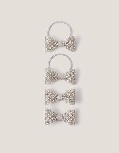 4-Pack Rhinestone Bow Hair Bands & Clips, Silver (SILVER), large