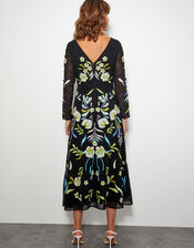 Ellen Embroidered Floral Midi Dress, Black (BLACK), large