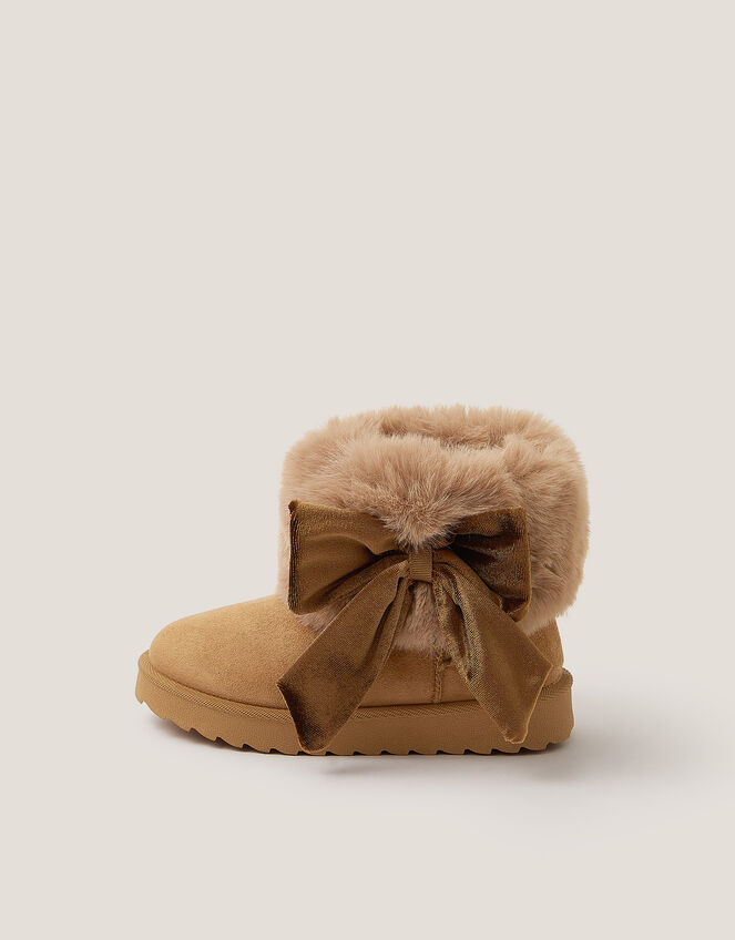 Bow Faux Fur Suedette Ankle Boots, Tan (TAN), large