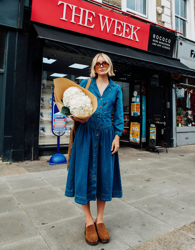 Tamsin Button Denim Midi Dress, Blue (DENIM BLUE), large