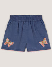 Butterfly Embroidered Pull On Shorts, Blue (BLUE), large