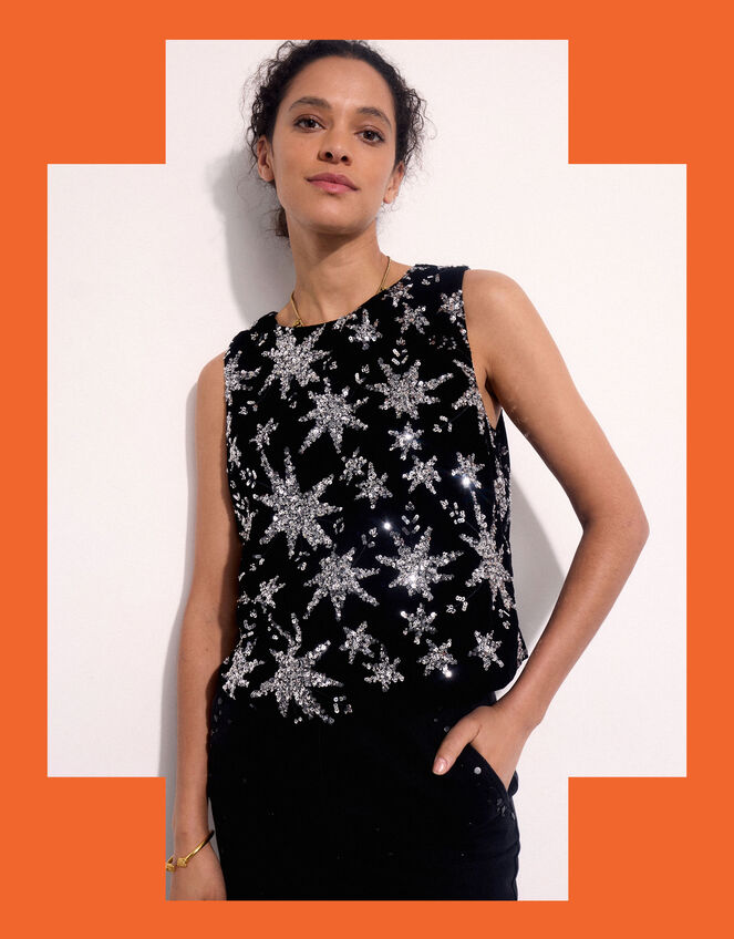 East Medi Embellished Star Sequin Top, Black (BLACK), large